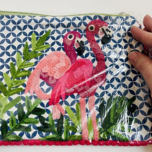 Karma Living Twin Flamingo Pouch Travel Bag New Make Up Pencil Cotton 6x8” - Picture 2 of 5